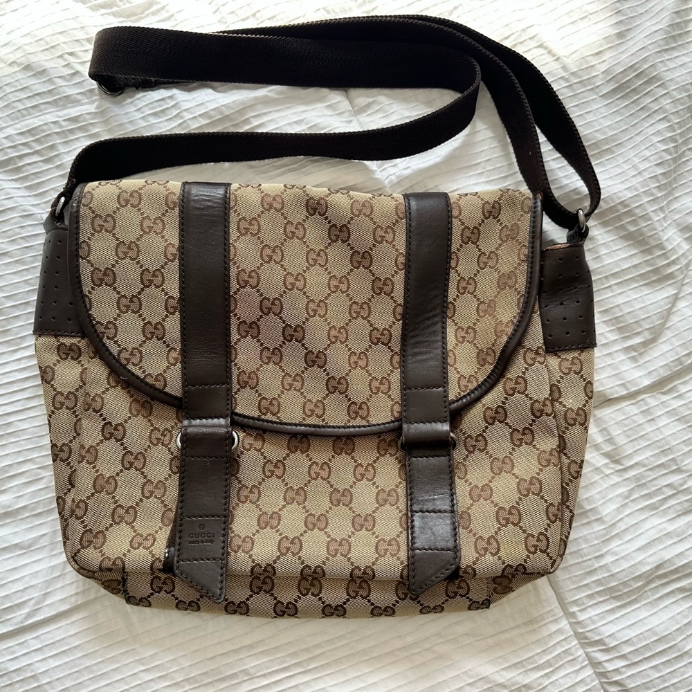 GUCCI GG CANVAS LEATHER MESSENGER BAG BROWN UNISEX ITALY
